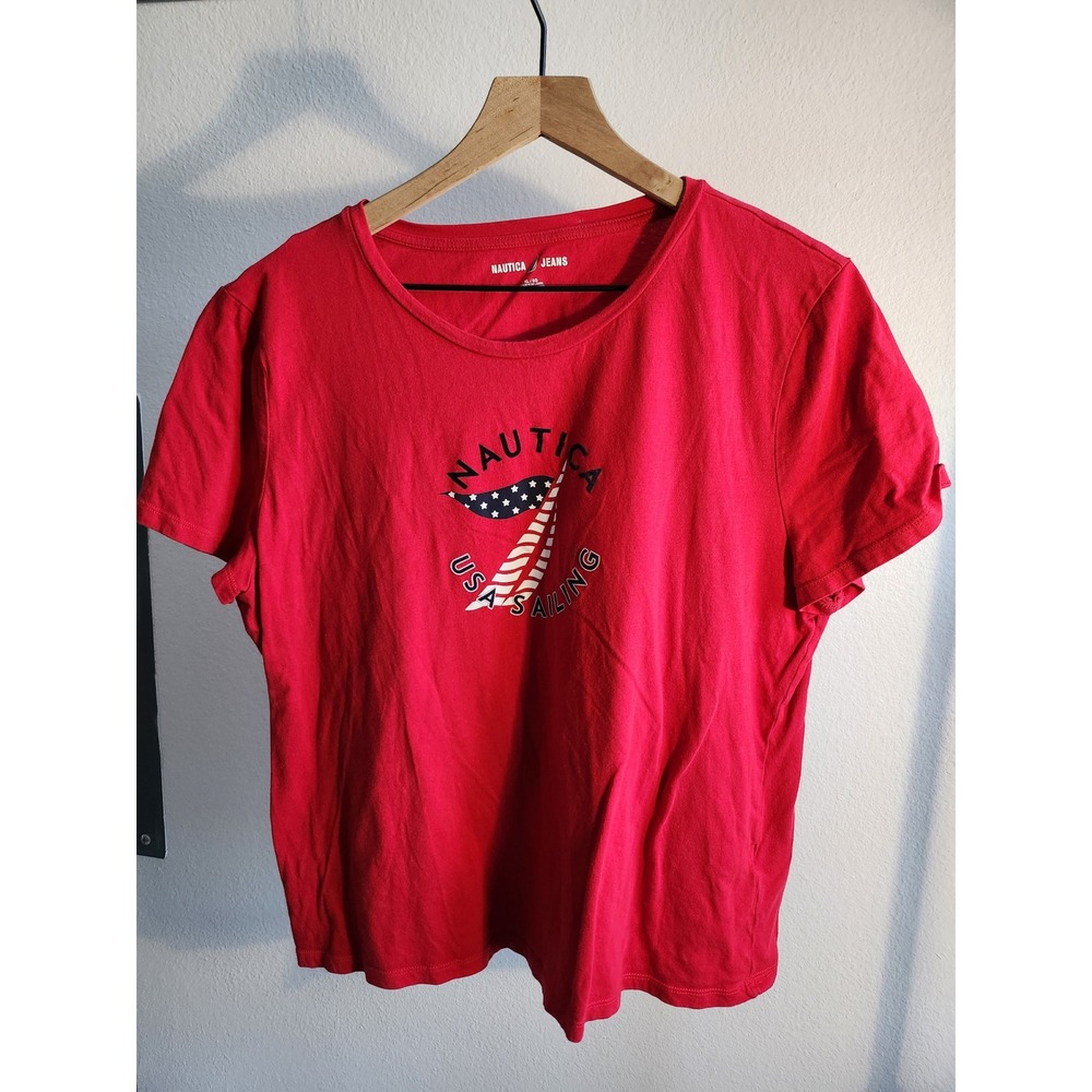 Nautica Jeans Womens Red USA Sailing Graphic T-Shirt XL Short Sleeve Crewneck